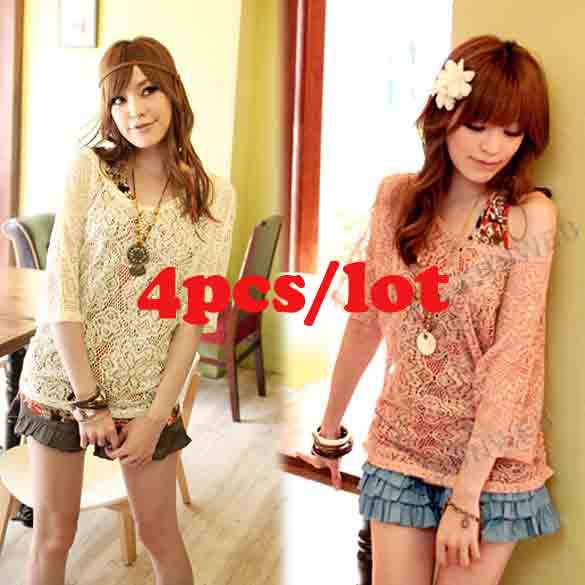 4pcs/lot Fashion Women's Two Pieces Hollow Out Lace Blouse Top + Flower Pattern Vest free shipping 10236