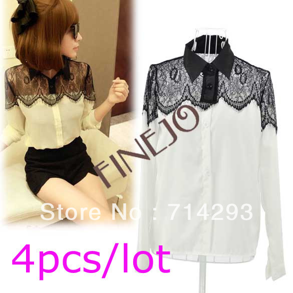 4pcs/lot Free Shipping autumn lady small long sleeve chiffon Shirt Blouse Women's black lace shirt 6747
