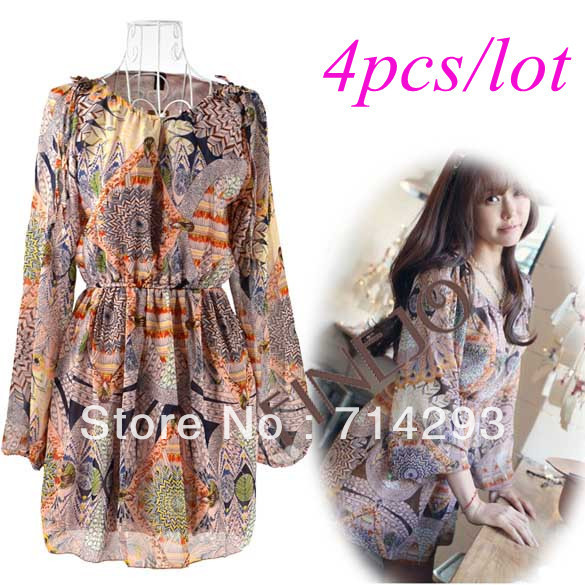 4pcs/lot free shipping Elegant Women Vintage Style Long Sleeve Floral Chiffon Dress9750