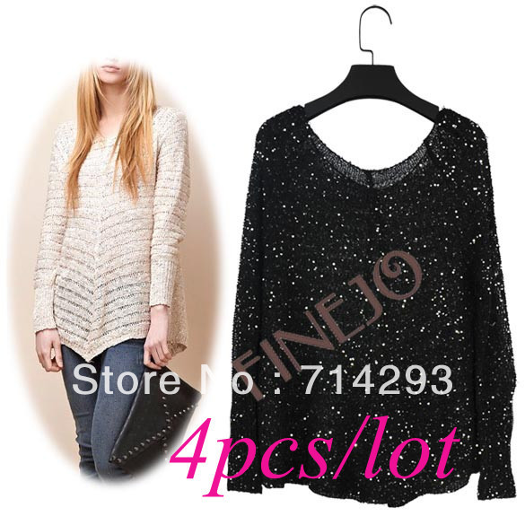 4pcs/lot free shipping Korea Fashion Women's V Neck Loose Sequins sweater Hollow Out Knitwear 10182