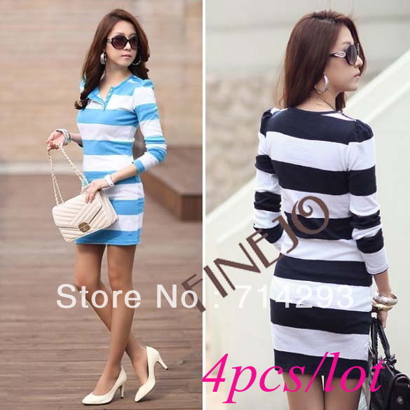 4pcs/lot FREE SHIPPING Korea Women Dissymmetric Collar Long Sleeves Strips Pullover Mini Bottoming Dress 2Colors10045