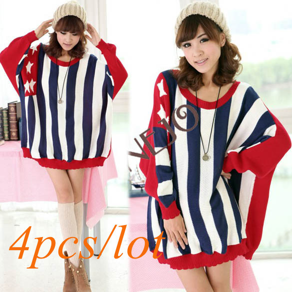 4pcs/lot Free shipping New Sexy Women's Sweater Loose Batwing Sleeve Jumper Stripe Knitwear Red/Blue 7711