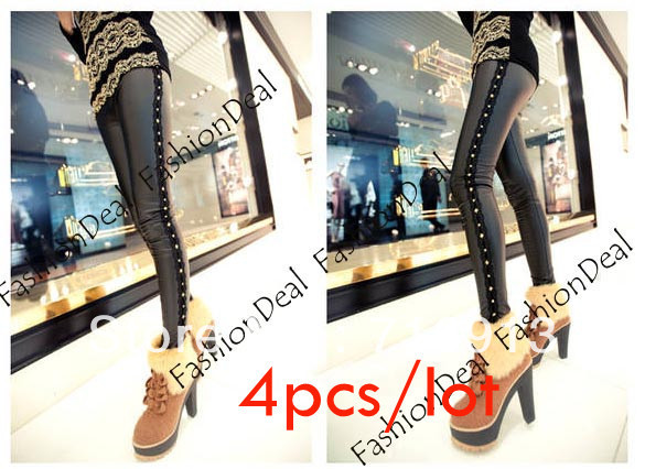 4pcs/lot Free Shipping Sexy Women's Side Rivets Imitated Leather Legging Tights Skinny Pencil Pant 8782