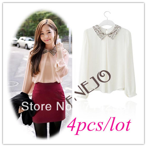 4pcs/lot Free Shipping Women's Sequins Peter Pan Collar Puff Sleeve Chiffon Shirt Blouse 10179