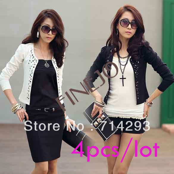 4pcs/lot Free shipping Women's Short Jacket ladies coat Stylish Rivet Stud Long Sleeve Small suit Outwear Black, White 7522