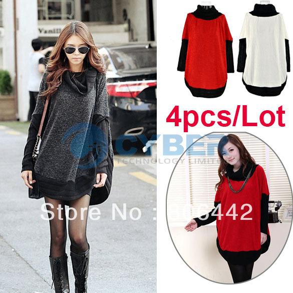 4pcs/Lot Korea Women Turtleneck Bat Sleeve Loose Sweater Shirt Tops Free Shipping 9052