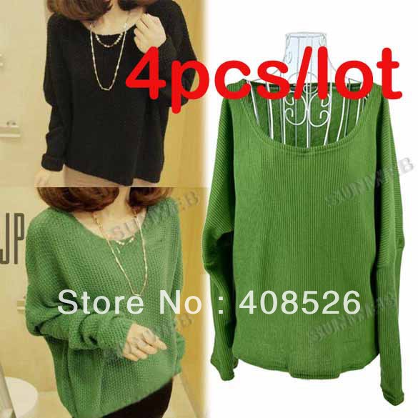 4Pcs/lot Ladies Casual Round Neck Pullover Jumper Bottoming Shirt Loose Short Batwing Sweater free shipping 9243