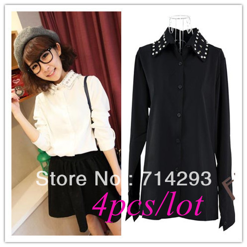 4pcs/lot New Fashion Women's Top Bright Rhinestone Turndown Collar Chiffon Shirt Bottoming Shirt  free shipping 11028