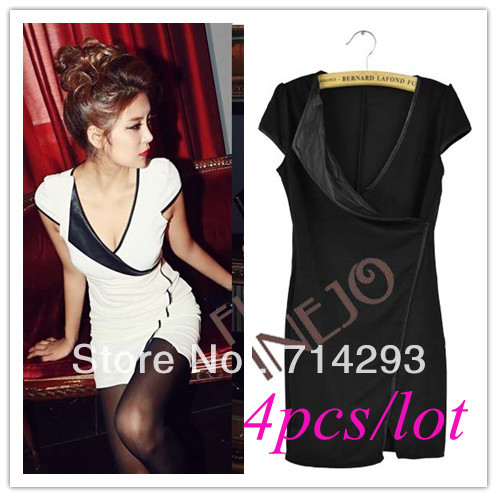 4pcs/lot New Korean Women's Leather Splicing V-neck Short Sleeve Mini Dress free shipping 11151