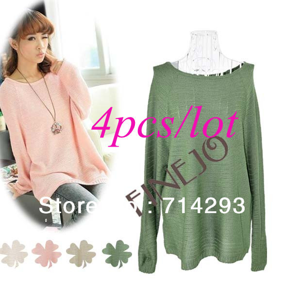 4PCS/LOT New Women's Batwing O-Neck Knitted Pullover Jumper Casual Loose Sweater 4Colors free shipping 9391