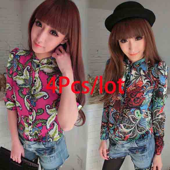 4pcs/lot New Women's Fashion Slim Long Sleeve Shirt Shrug Print Chiffon Blouse free shipping 11216