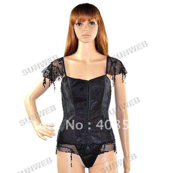 4PCS/LOT New Womens Sexy Lingerie Lace up Satin Corset Lingerie Bustier + G-String Two Color Black,White5648