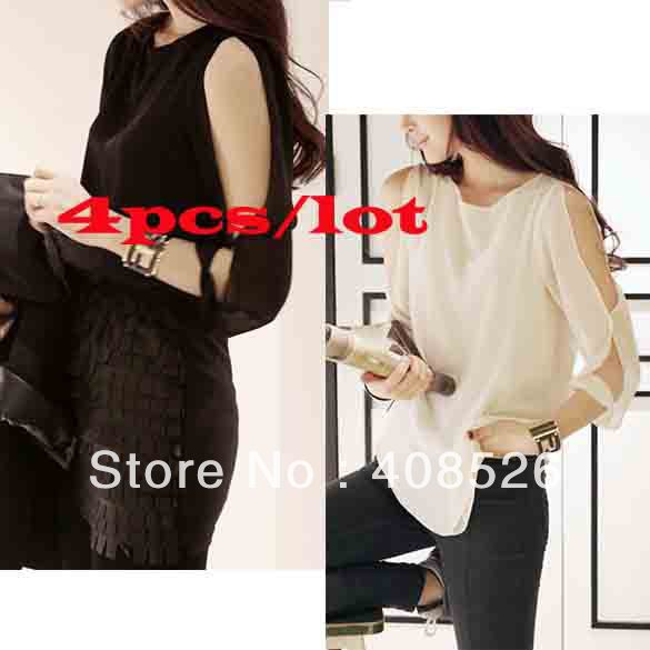 4PCS/LOT Summer, Autumn Womens Fashion Cut Out Open Shoulder Long sleeve Loose Chiffon Shirt Blouse Tops free shipping 3786