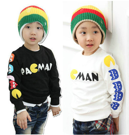 4pcs/lot  wholesale kid clothing boy&girl autumn long-sleeve  t-shirt PACMAN black/white/gray