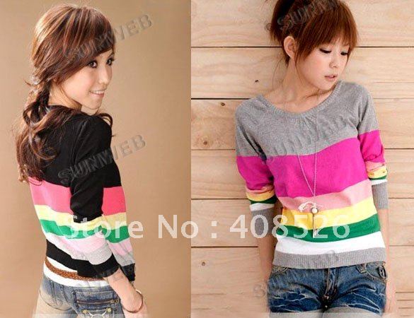 4pcs/lot Wholesale Lady's Fashion Knitting Sweet Gentle Women's Stripe Long Sleeve Sweater Free Shipping 7257