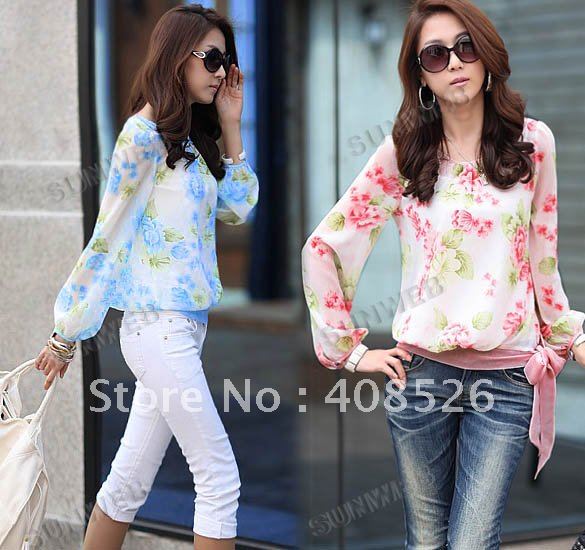 4PCS/LOT Wholesaleb Women's Floral Print Puff Pattern Chiffon Blouses Fashion Casual Long Sleeve Shirt Free Shipping 7134