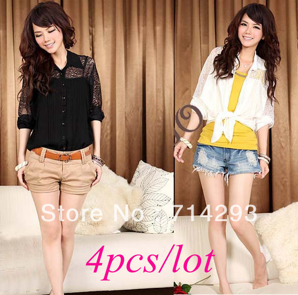 4PCS/LOT Women Fashion See-through Button Down Batwing Sleeve Chiffon Blouse Top Black White Free shipping 9448