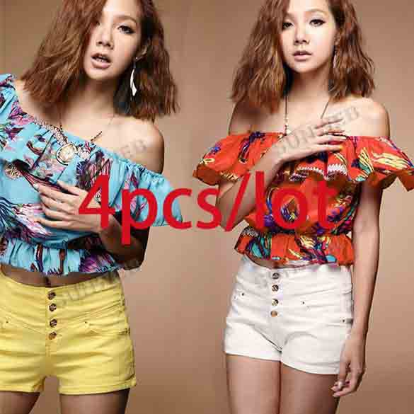 4pcs/lot Women's Cotton Sexy Off-Shoulder Colourful Midriff-Baring Club Party Top Short Blouse T-Shirt free shipping 11145
