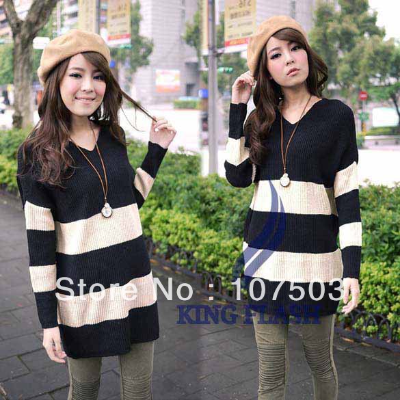 4pcs/lot Women's Fashion wool V-Neck stripe Batwing sleeve Loose sweaters 2 Colors free shipping 7703
