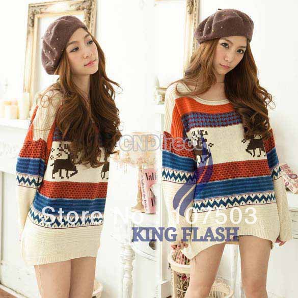 4pcs/lot Women's Loose Cardigan Sweaters Jumpers Top Deer Pattern Pullover Knitwear 4 colors free shipping 7563