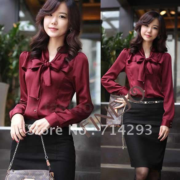 4pcs/lot  Women's OL shirt Long Sleeve Vintage Bowtie ShirtsTops blouse 3 Colours New free shipping 3847