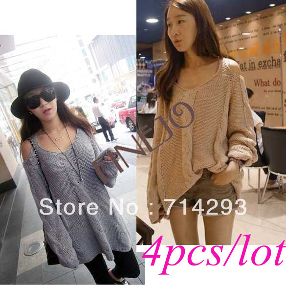 4PCS/LOT Women's Sexy Hem Flower Open Off Shoulder Crochet  Knitwear Loose Sweater 3 colors free shipping 7797