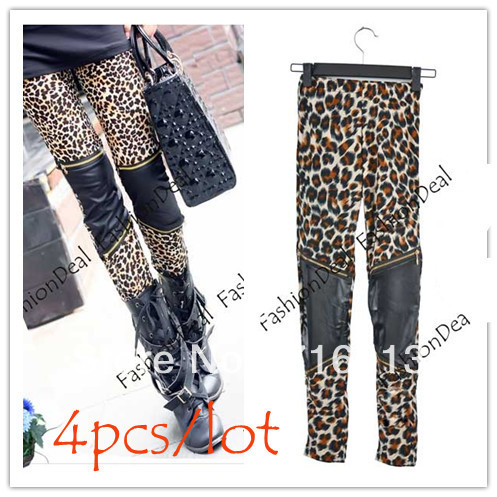 4PCS/LOT Women's Sexy Imitation Leather Patchwork Zipper Leopard Leggings Skinny Pants Free Shipping 10033