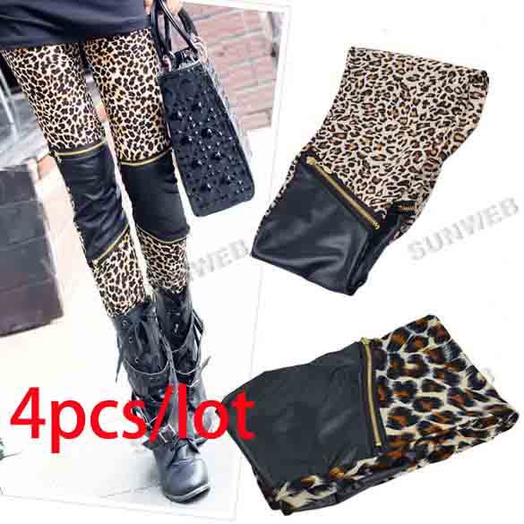 4pcs/lot Women's Sexy Imitation Leather Patchwork Zipper Leopard Leggings Thin Stretch Tights Skinny Pants 10033