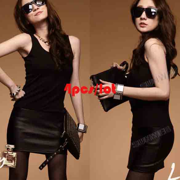 4pcs/lot Women's Slim Hot Sleeveless dress Round Collar Package Hip Vest Leather dress free shipping 10818