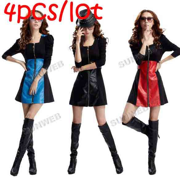 4Pcs/lot Women's square-cut collar cotton+PU leather zipper One-piece Long Sleeve Dress 3 Colors Free shipping 9057