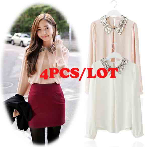 4Pcs/lot Women's Vintage Sequins Peter Pan Collar Puff Sleeve Sheer Loose Tops Chiffon Blouse Beige/ Pink free shipping 10179