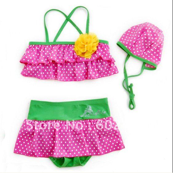 4sets girl bikini Chrysanthemum two pieces swimwear girl's bikini+cap three-pieces/set
