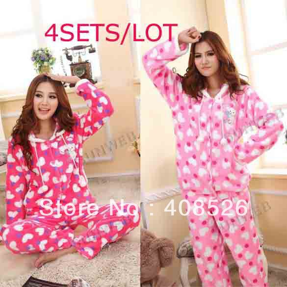 4Sets/lot 2013 Winter Thicken Warm Women's Pajamas Set Heart Coral Fleece sleepwear Homewear drop shipping 9279