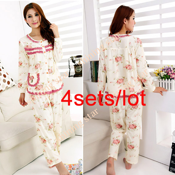 4sets/lot hot selling women's Sleepwear pyjamas Clothes set Round Collar Floral Pattern 4 Sizes Wholesale S11174