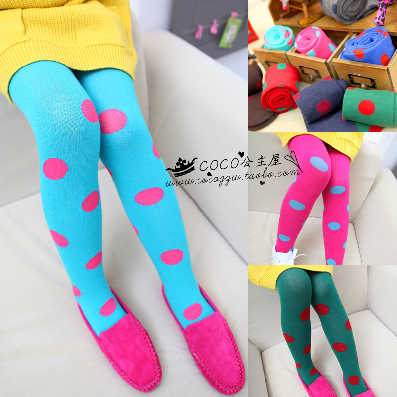 5 children's clothing female child autumn candy color vintage polka dot knitted elastic pantyhose socks for girl girls