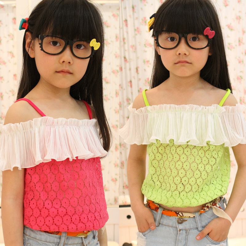 5 children's clothing female child summer laciness slit neckline cutout lace spaghetti strap top vest for girl girls