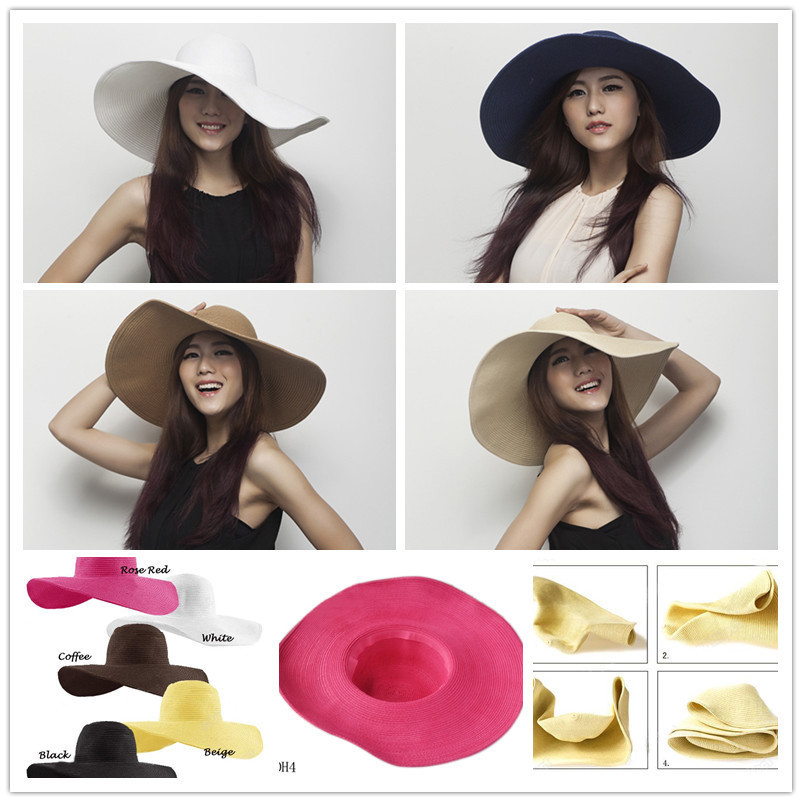 5 Colors Fashion Chic Women Solid Wide Large Brim Summer Beach Sun Hat Straw Cap