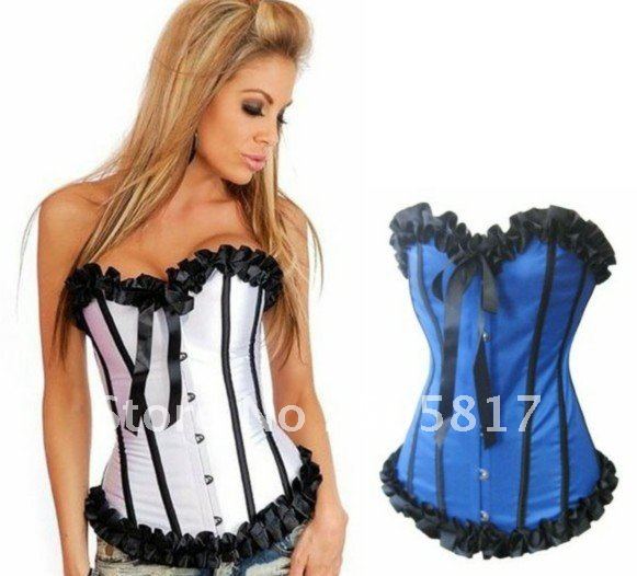 5 colors!  ON SALE Sexy boned corset with black trim G-sting Sexy satin bustier costume S~2XL Pink blue green red white QM2035
