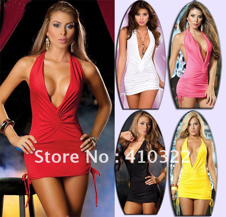 5 Colors Sexy Dress Fashion Mini Clubwear Party Slim Dresses Halter Pleated Stretch Spandex  V-Neck With G-String CH6669