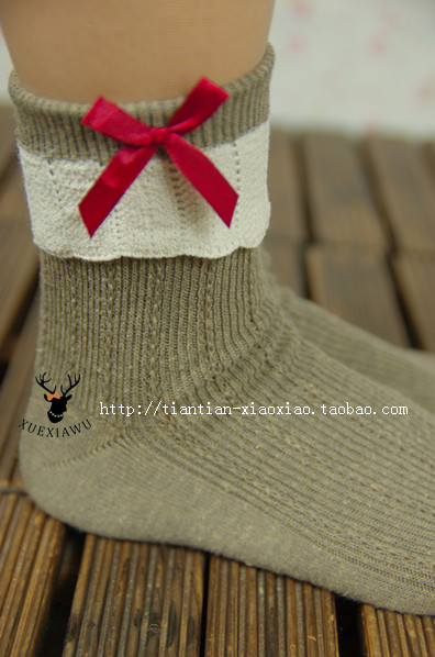 5 double autumn vintage 100% cotton short socks roll up hem lace decoration bow