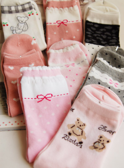 5 double bag 100% cotton sock cartoon graphic patterns polka dot socks women's sock student socks