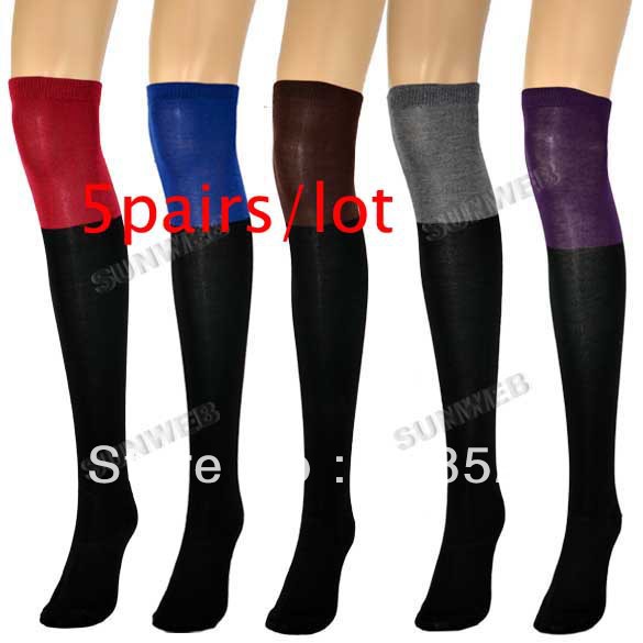 5 pairs/Lot Drop shipping Women Ladies Two Tone Thigh Knee High Socks Cotton High Legging Stocking 5 Colors free shipping 8147