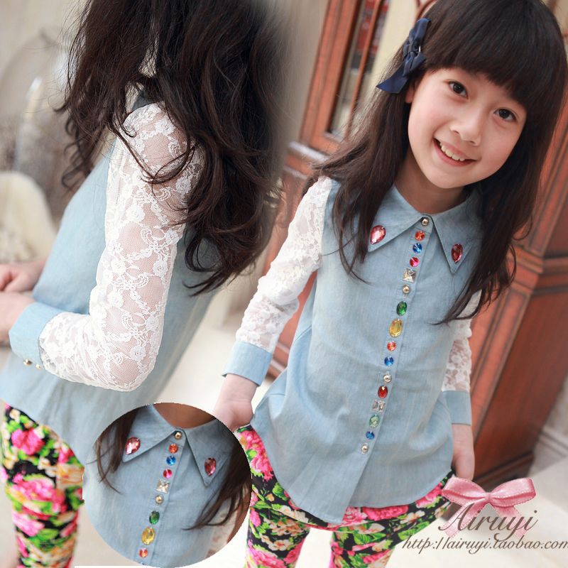5 pcs/lot  2013 NEW Arrival Children Kids Clothing Girls Lace Blouse Long Sleeve Tops Spring Autumn Wear  AA5289