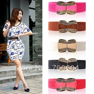 5 pcs MOQ Free shipping Fashion multicoulors Emded Jewel Double-D Buckles wide Elastic Waistband Ladies' leather Belt
