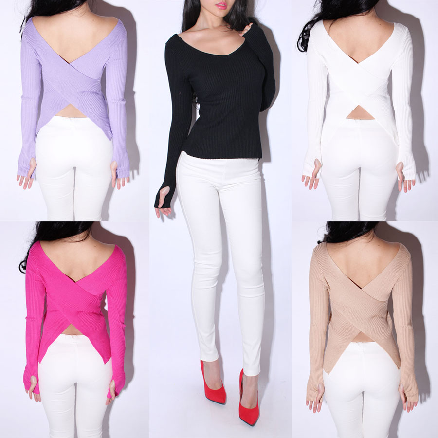 5 winter limited edition sexy tight thread knitted low-cut cross racerback set dovetail sweater/sexy crossback women t shirt