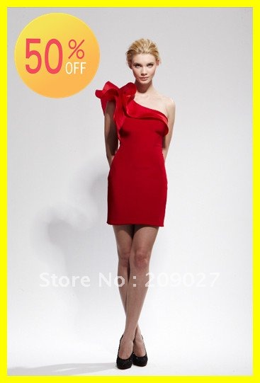 50 Off On Sale 2012 Hot One-shoulder Pleated Satin Red Mini Cocktail Dresses