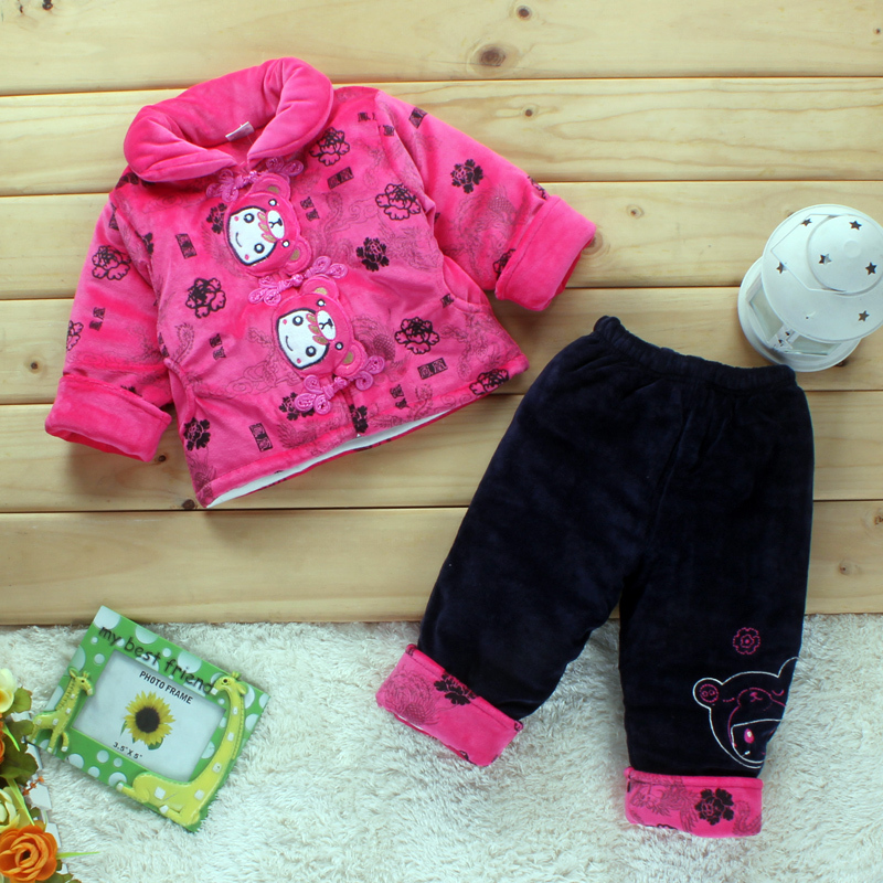 5032 baby wadded jacket outerwear baby velvet tang suit set girls clothing winter 0-1 year old