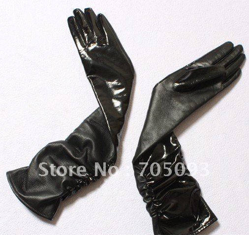 50cm long shiny genuine leather lady black gloves S/M/L/XL for sale Valentine's Day gift