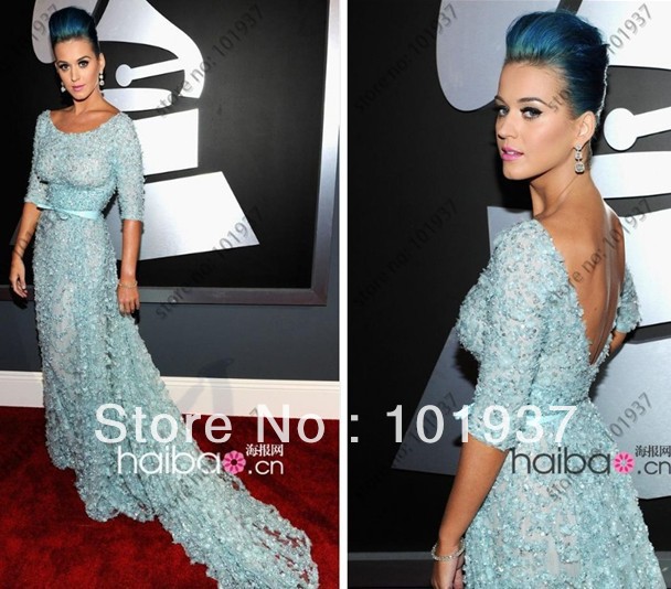 54th Grammy Awards Katy Perry Light Blue Scoop Court Train Half Sleeves Red Carpet Celebrity Dresses