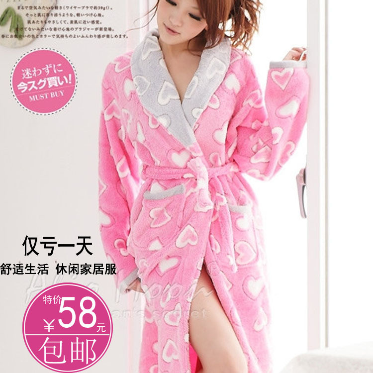 58 winter sleepwear coral fleece robe lacing one piece bathrobes heart women's long-sleeve lounge